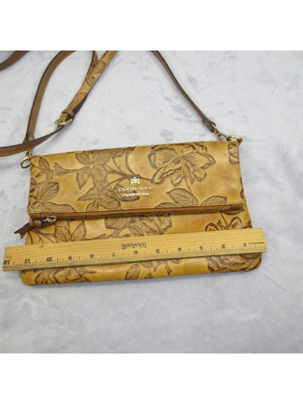 Cuoieria Fiorentina Genuine Tooled Leather Foldover Shoulder Bag Tan Flora Italy - Picture 14 of 16